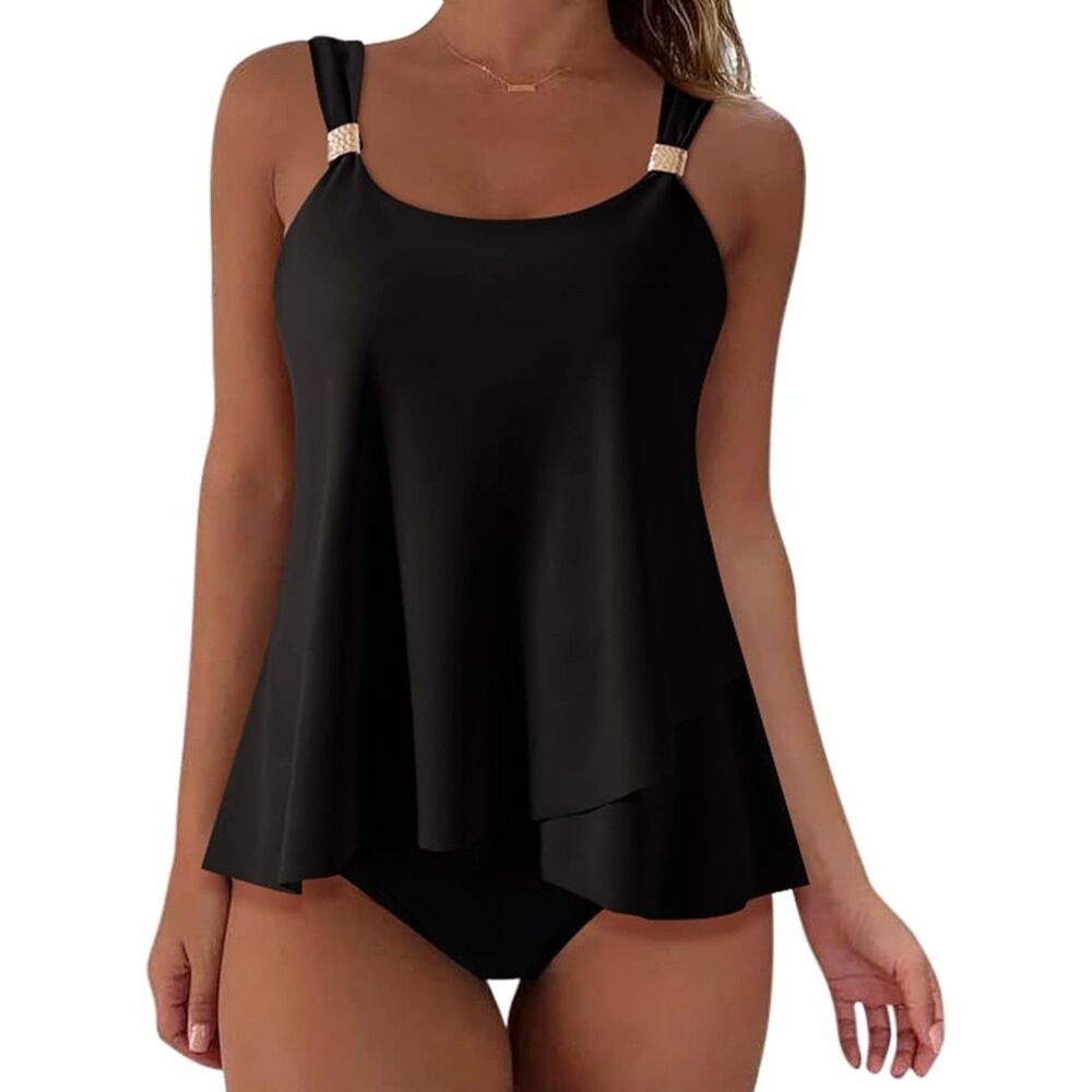 Women Tulip Tankini Swimsuit Bathing Suit , Black, XL